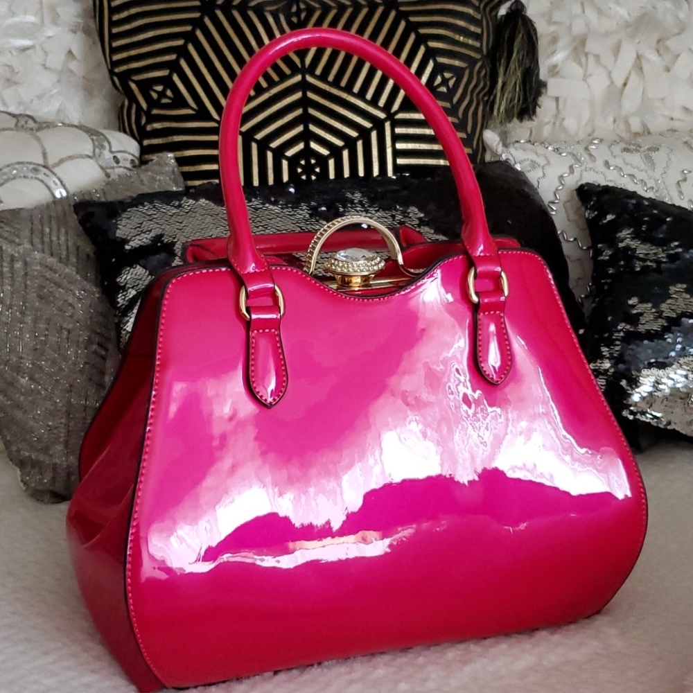 Hot Pink Patent leather bag with big diamond stone HP❤️❤️2 times - Picture 2 of 10
